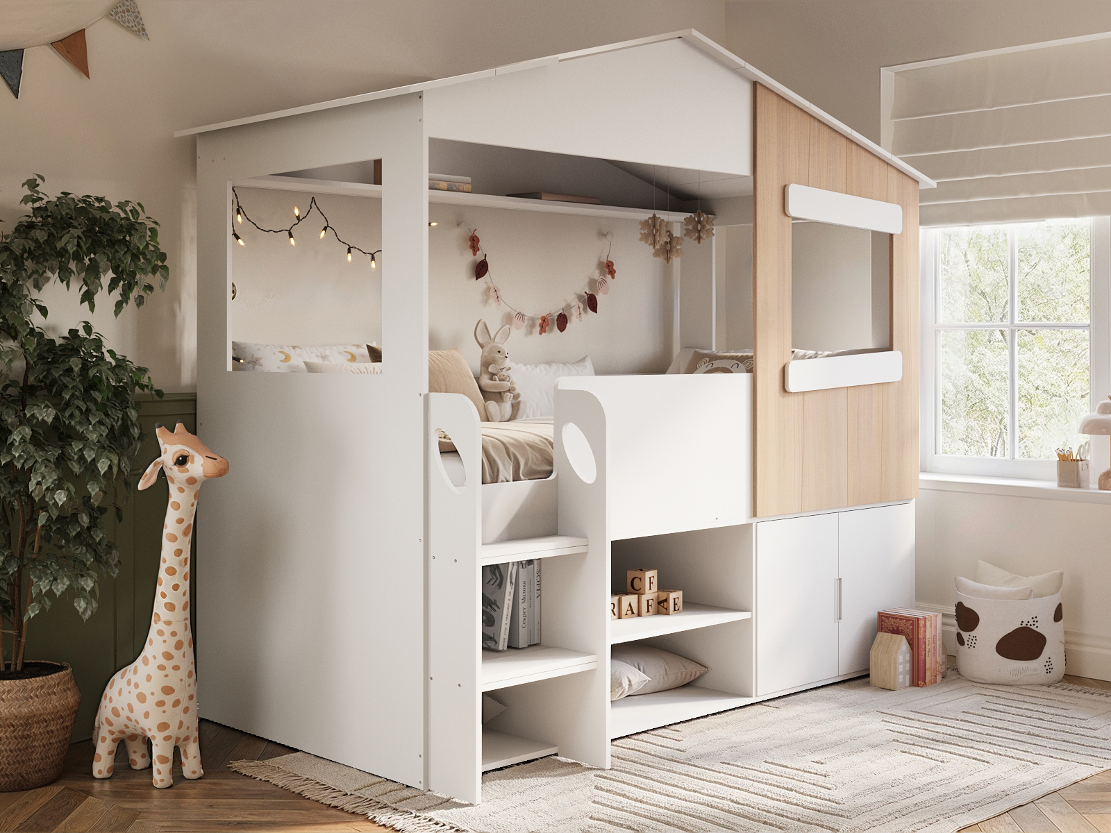 dreamland-storage-full-1 Dreamland House Bed with Storage White & Oak - Image 1