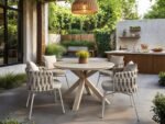 Florence Round Garden Stone Dining Table with 4 Louisa Chairs Beige