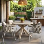 Florence Round Garden Stone Dining Table with 4 Louisa Chairs Beige