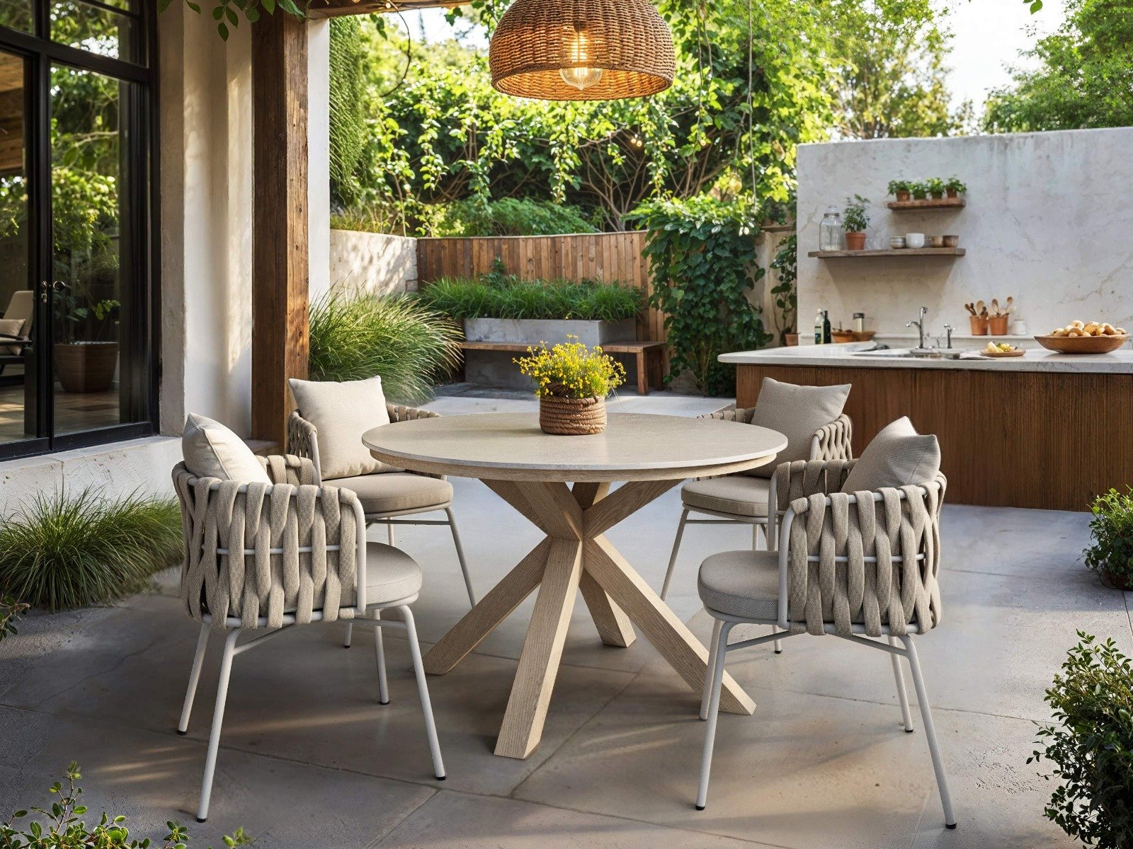 florence-garden-full-1 Florence Round Garden Stone Dining Table with 4 Louisa Chairs Beige