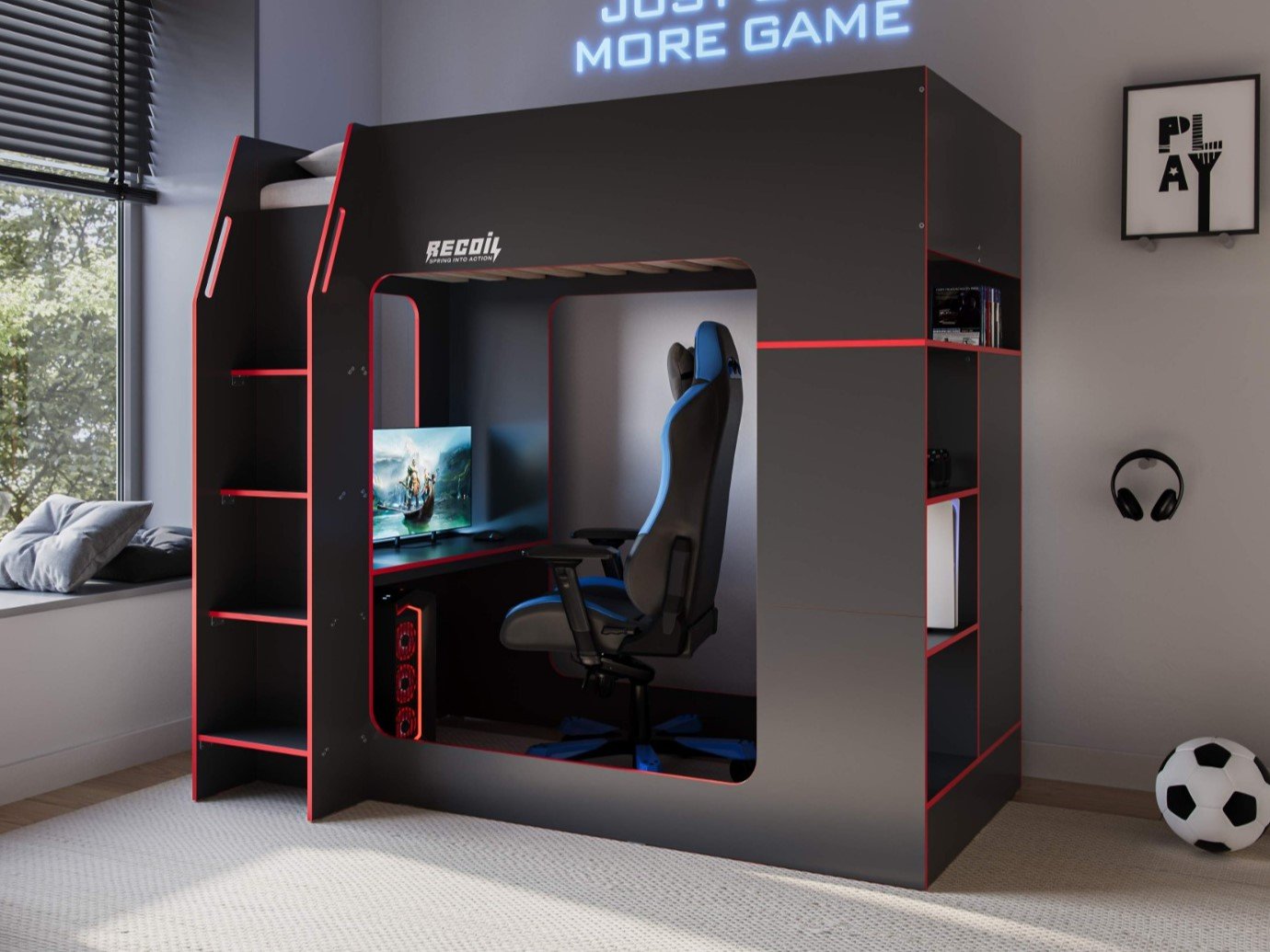 meridian-gaming-highsleeper-1 Meridian Gaming High Sleeper with Storage Black & Red