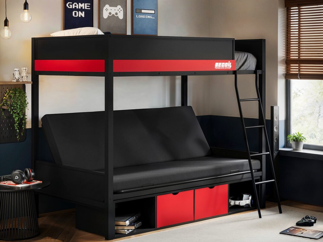 Nova Storage Gaming Metal Bunk with Futon Black & Red