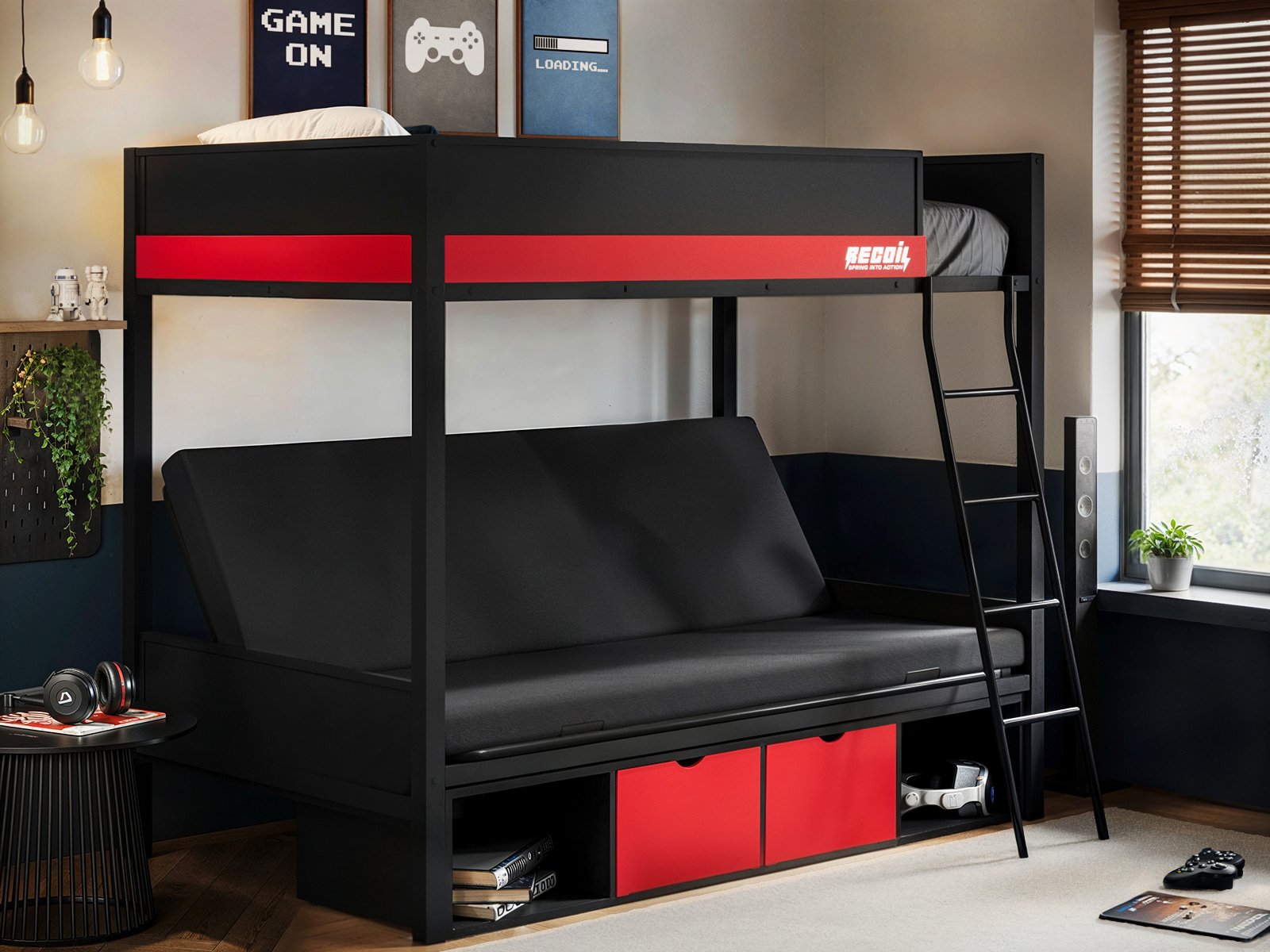 nova-gaming-bunk-1 Nova Storage Gaming Metal Bunk with Futon Black & Red