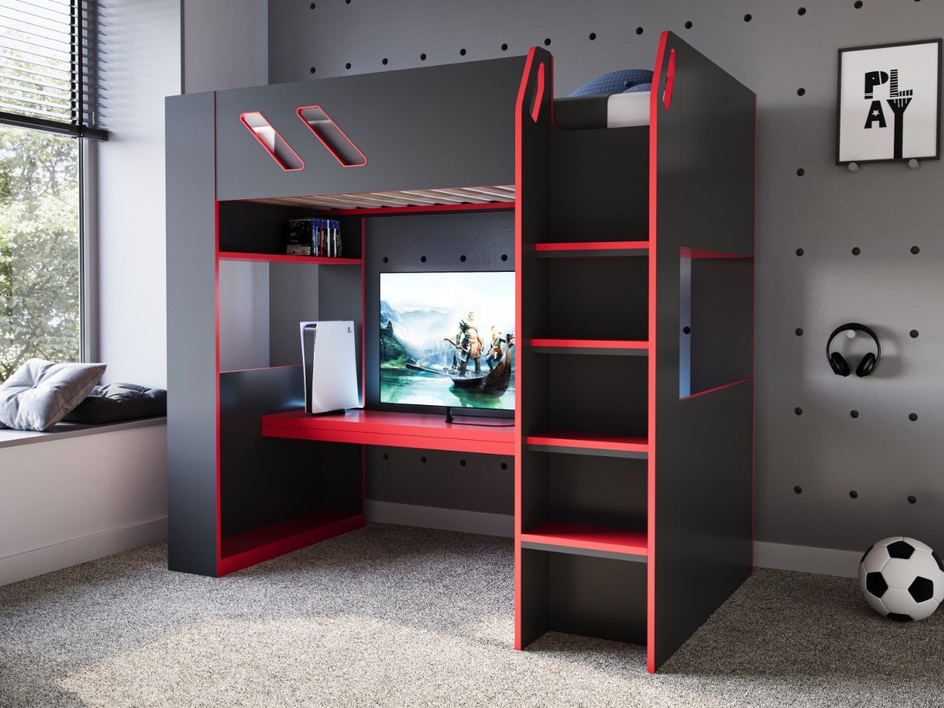 orbit-hs-hq-1 Orbit Gaming High Sleeper with Adjustable Height Desk Black & Red