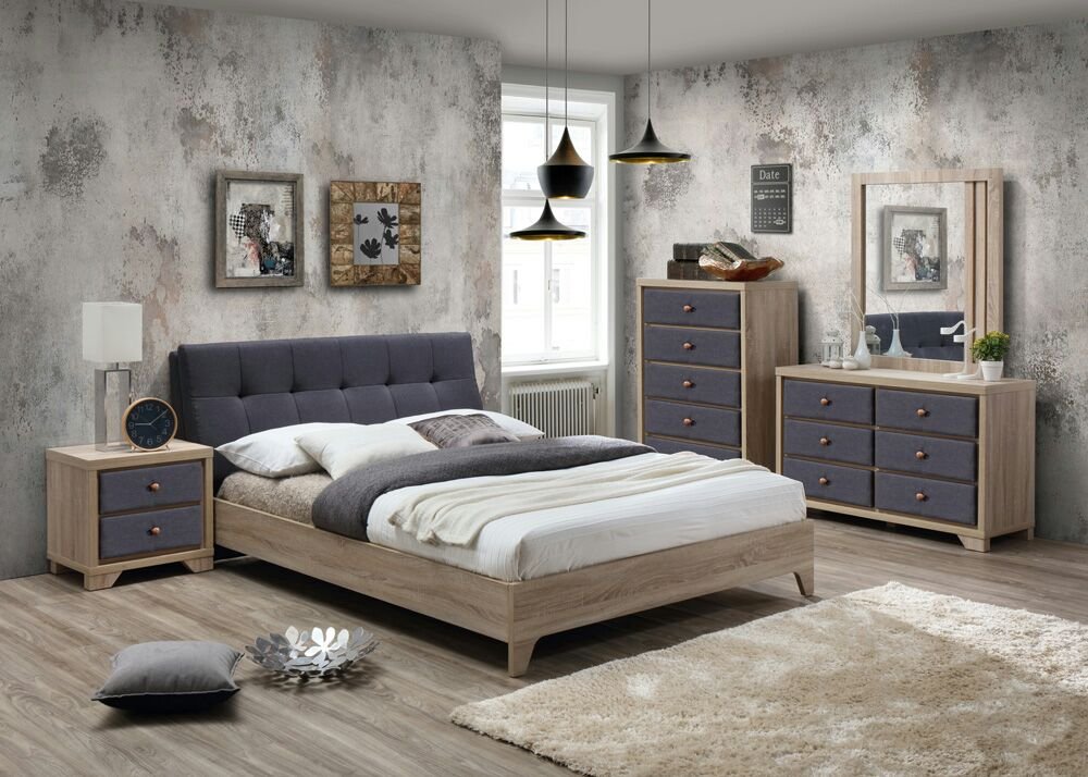 wt3376-bed.jpg Artisan Fabric Beech Wood 2 Drawer Nightstand Grey