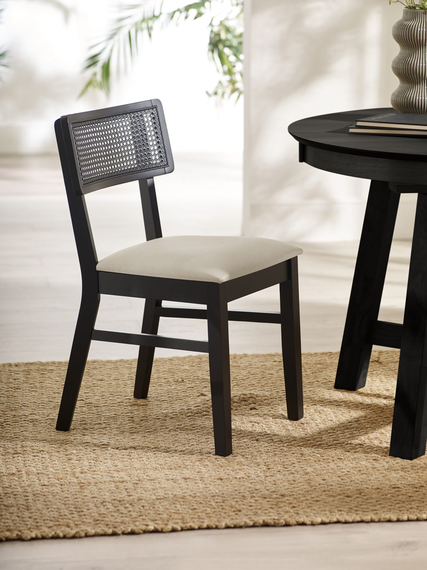 ANN012_1 Annika Set of 2 Satin Black Natural Fabric Rattan Back Dining Chairs - Image 1