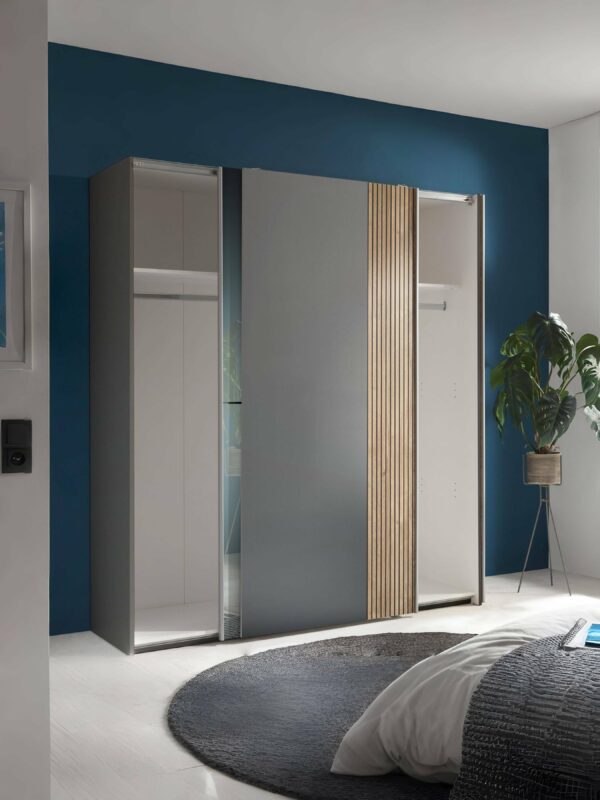 Berno Light Oak and Dark Grey Sliding 2 Door Wardrobe With Mirror - Image 2