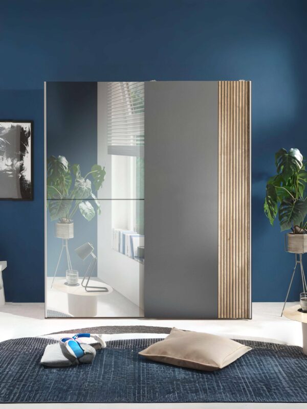 Berno Light Oak and Dark Grey Sliding 2 Door Wardrobe With Mirror - Image 4