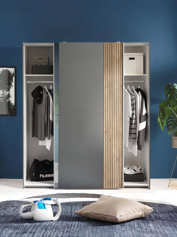Berno Light Oak and Dark Grey Sliding 2 Door Wardrobe With Mirror - Image 5