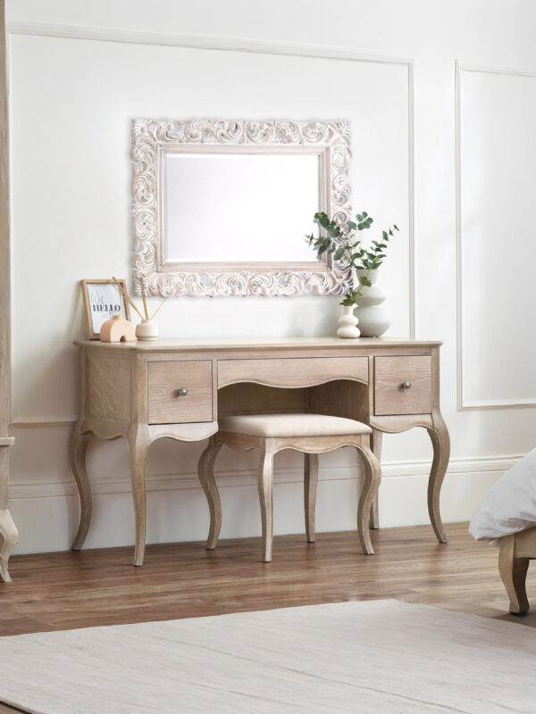 Camille French Style 3 Drawer Dressing Table with Stool Set - Limed Oak/Oatmeal Linen