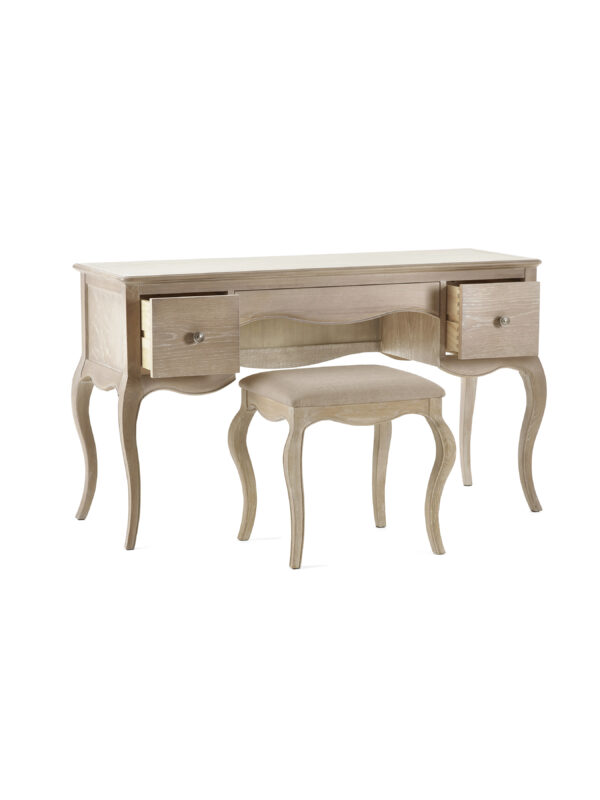Camille French Style 3 Drawer Dressing Table with Stool Set - Limed Oak/Oatmeal Linen - Image 2