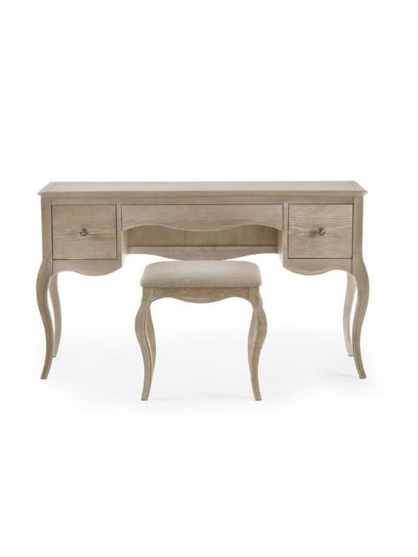 Camille French Style 3 Drawer Dressing Table with Stool Set - Limed Oak/Oatmeal Linen - Image 3