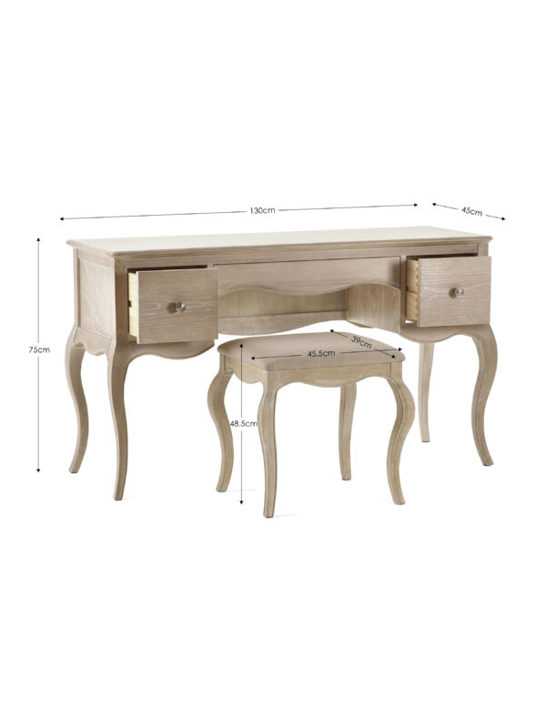 Camille French Style 3 Drawer Dressing Table with Stool Set - Limed Oak/Oatmeal Linen - Image 5