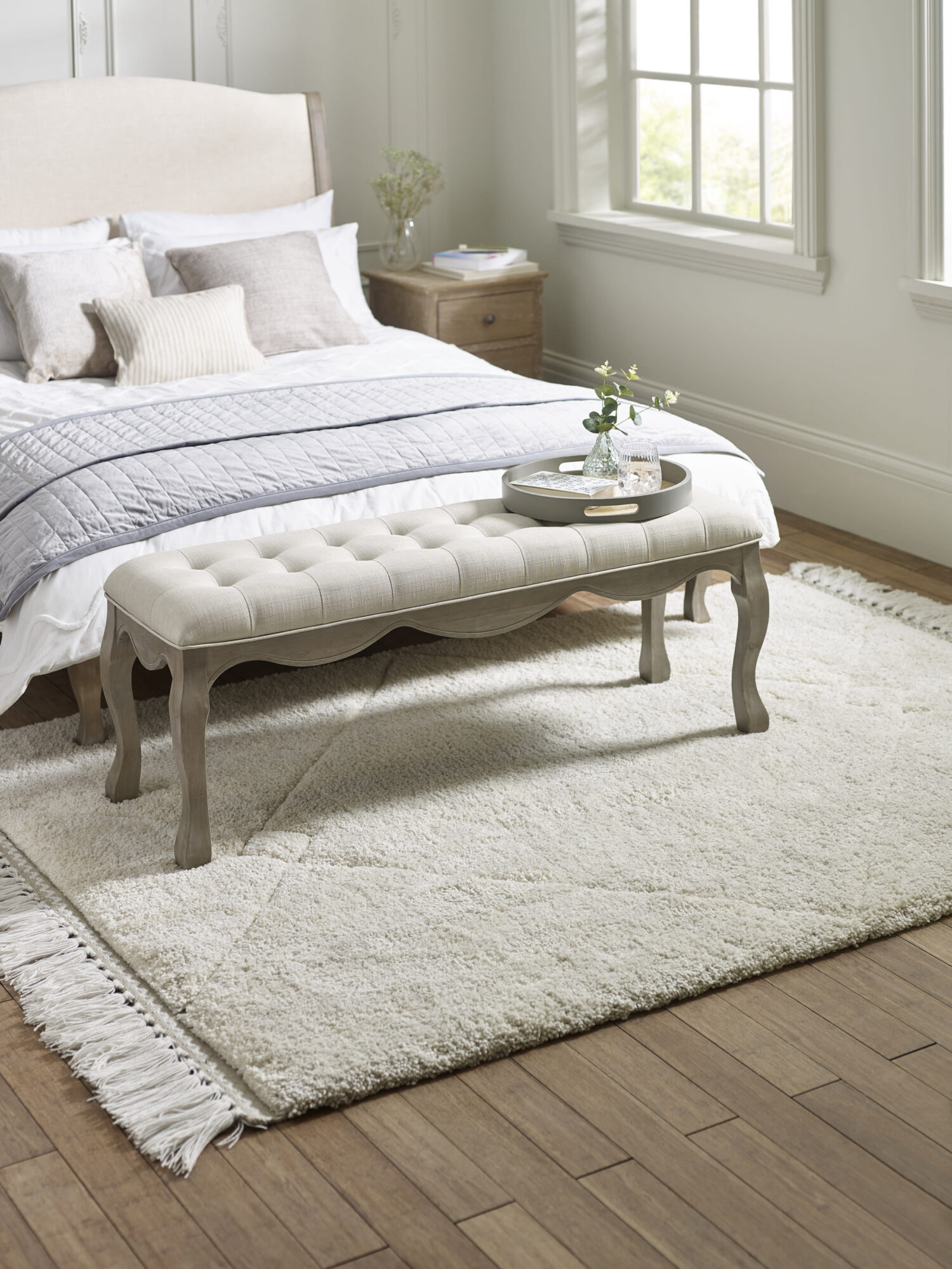 CAM406_1 Camille French Style Upholstered Bench - Limed Oak/Oatmeal Linen - Image 1