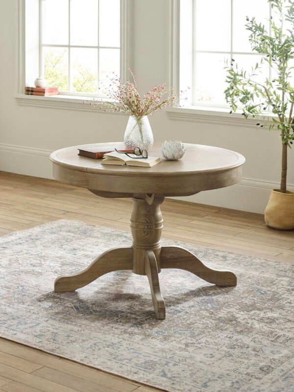 Camille French Style 110–145cm Round to Oval Extending Pedestal Dining Table – Limed Oak