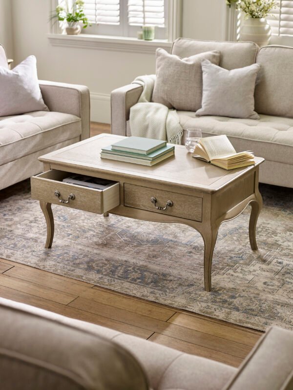Camille French Style 2 Drawer Coffee Table – Limed Oak