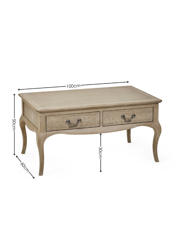 Camille French Style 2 Drawer Coffee Table - Limed Oak - Image 8
