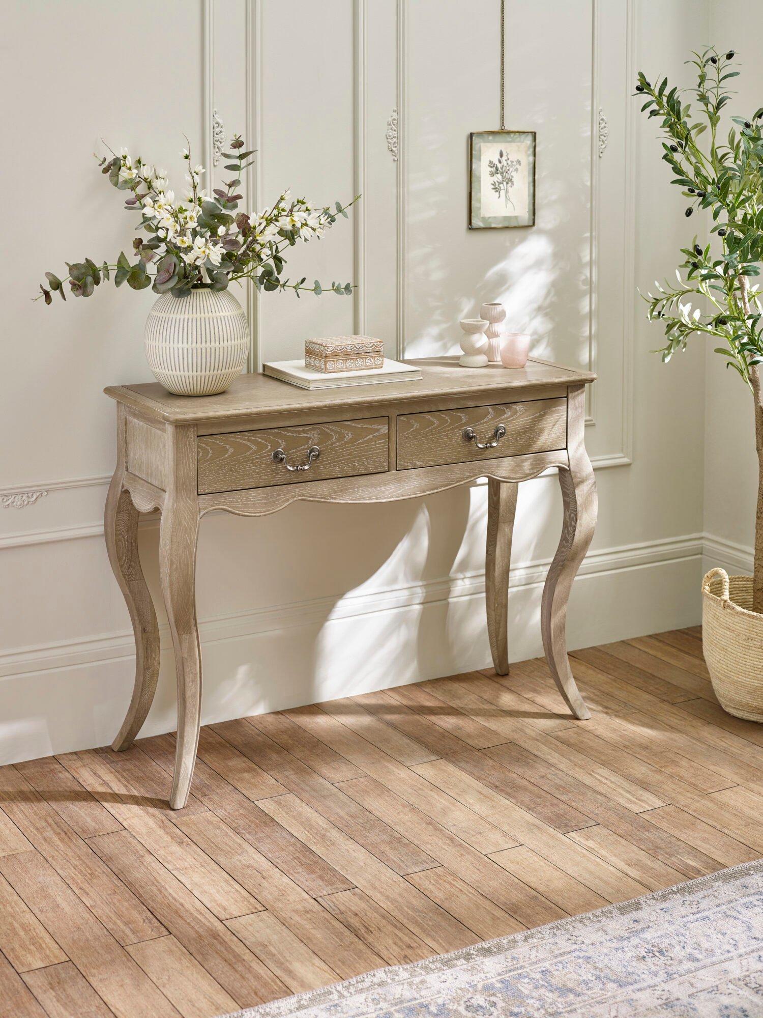 CAM414_1 Camille French Style 2 Drawer Console Table – Limed Oak