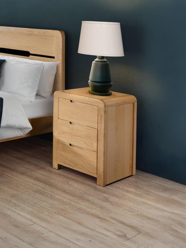 Curve 3 Drawer Bedside Table – Oak