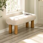 Freya White Boucle Upholstered Low Bench with Solid Wood Legs