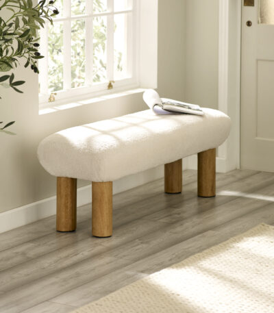 Freya White Boucle Upholstered Low Bench with Solid Wood Legs