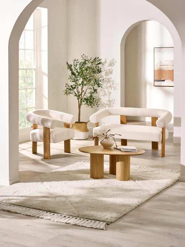 Freya White Boucle Upholstered Low Bench with Solid Wood Legs - Image 11