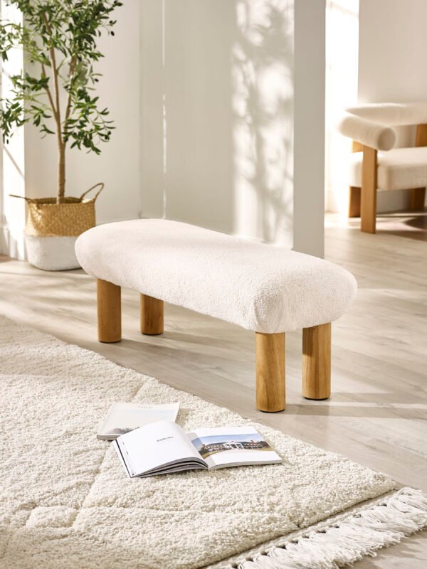 Freya White Boucle Upholstered Low Bench with Solid Wood Legs - Image 2