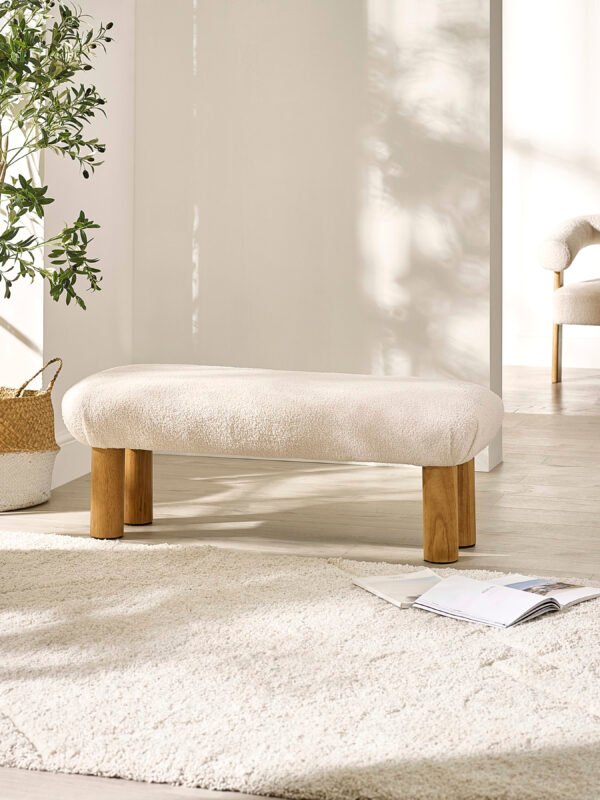 Freya White Boucle Upholstered Low Bench with Solid Wood Legs - Image 3