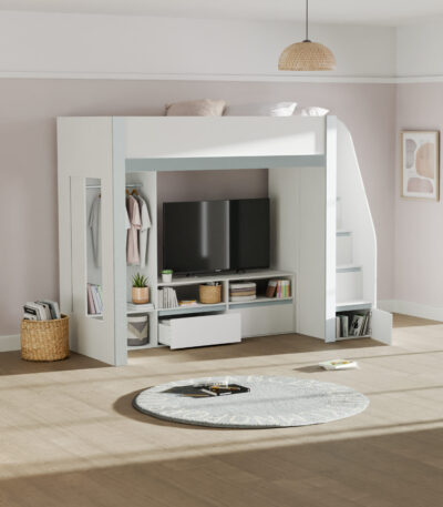 Gaia 90cm Single White Highsleeper Loft TV Bed with Storage