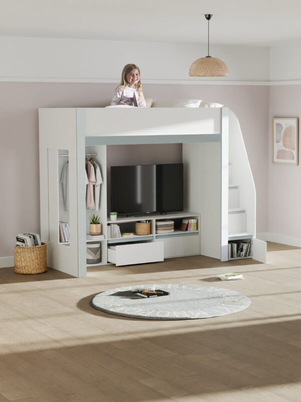 Gaia 90cm Single White Highsleeper Loft TV Bed with Storage - Image 2