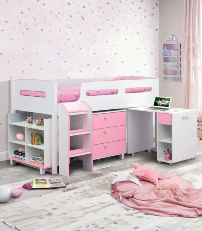Kimbo 90cm Single Pink and White Midsleeper Cabin Bed with Desk