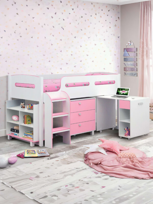 Kimbo 90cm Single Pink and White Midsleeper Cabin Bed with Desk