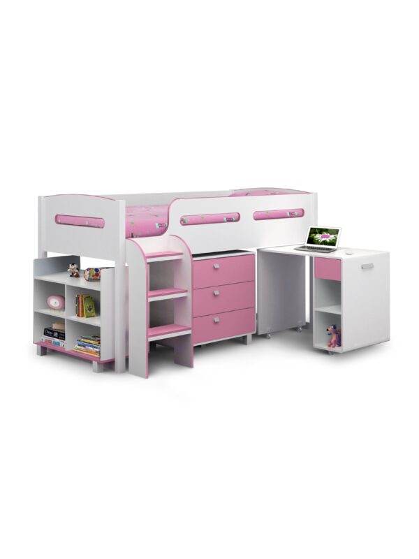 Kimbo 90cm Single Pink and White Midsleeper Cabin Bed with Desk - Image 2
