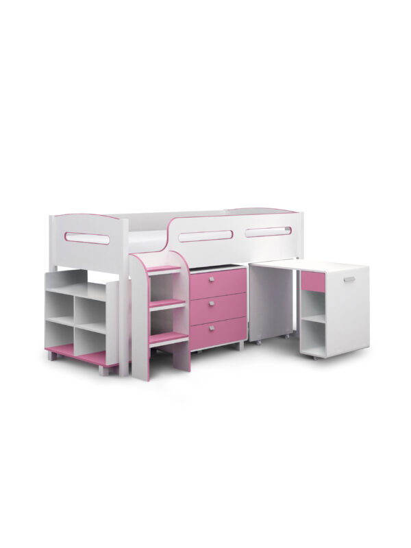 Kimbo 90cm Single Pink and White Midsleeper Cabin Bed with Desk - Image 3