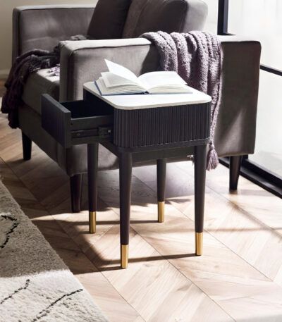 Louis Fluted Stone Top Lamp Table With Drawer – Black