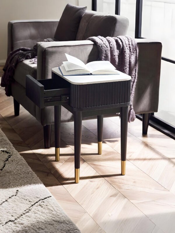 Louis Fluted Stone Top Lamp Table With Drawer – Black
