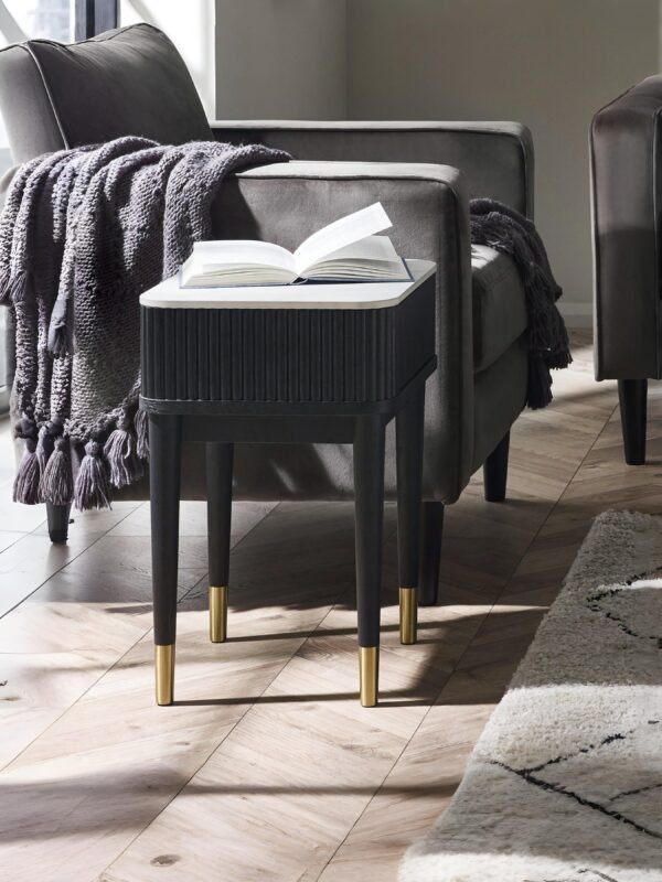 Louis Fluted Stone Top Lamp Table With Drawer - Black - Image 2
