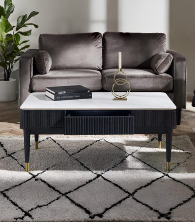 Louis Fluted Stone Top Coffee Table With 2 Drawers – Black