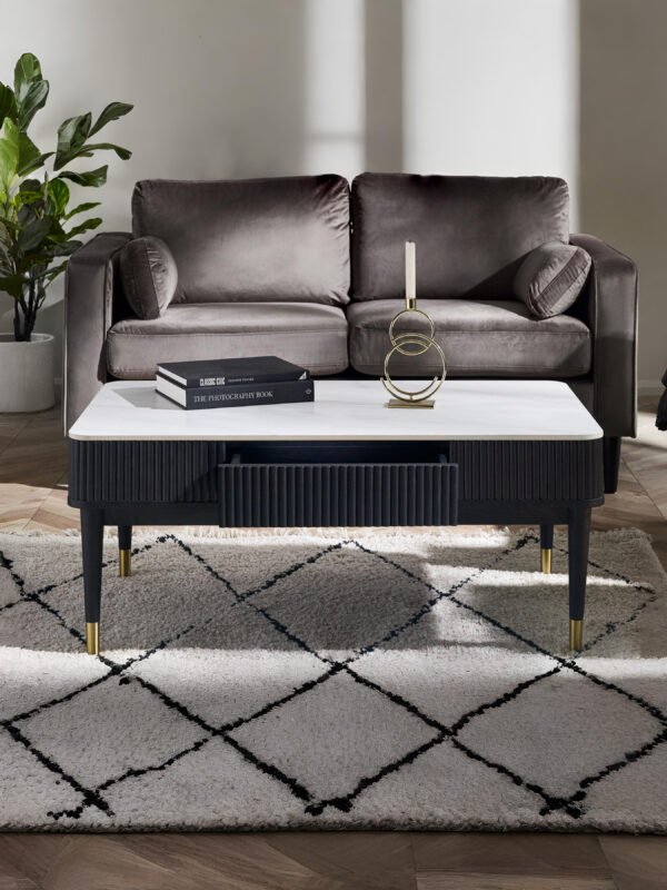 Louis Fluted Stone Top Coffee Table With 2 Drawers – Black