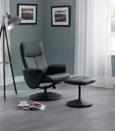 Lugano Recliner & Stool With Covered Base – Black