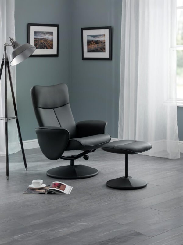Lugano Recliner & Stool With Covered Base – Black