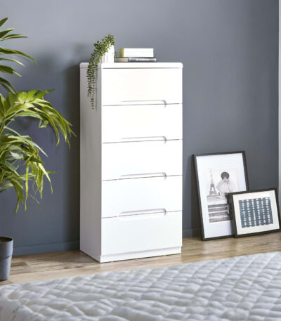 Manhattan 5 Drawer Tall Chest – High Gloss White