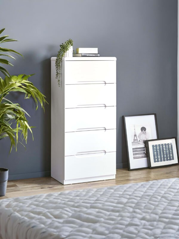 Manhattan 5 Drawer Tall Chest – High Gloss White