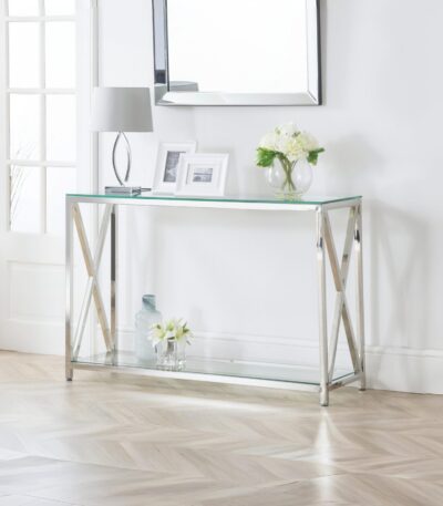 Miami Glass Top Cross Frame Console Table with Shelf