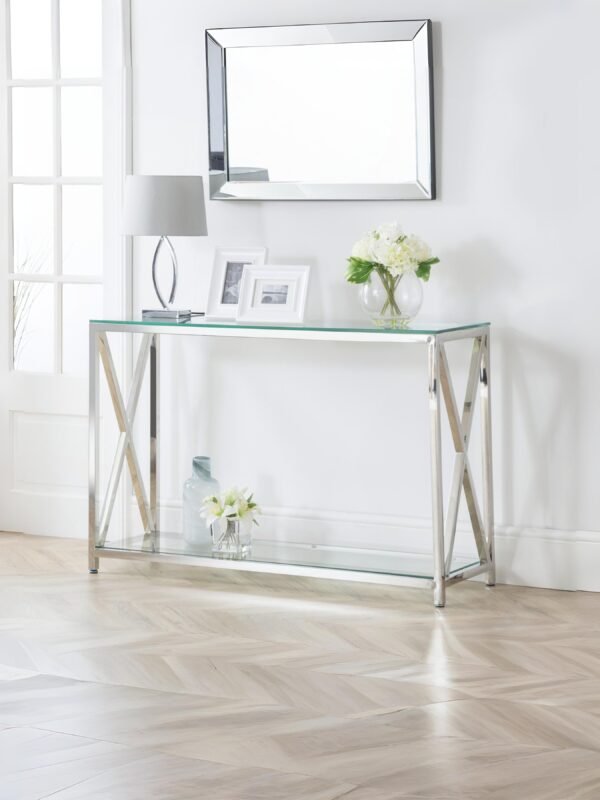 Miami Glass Top Cross Frame Console Table with Shelf