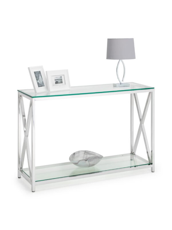 Miami Glass Top Cross Frame Console Table with Shelf - Image 3