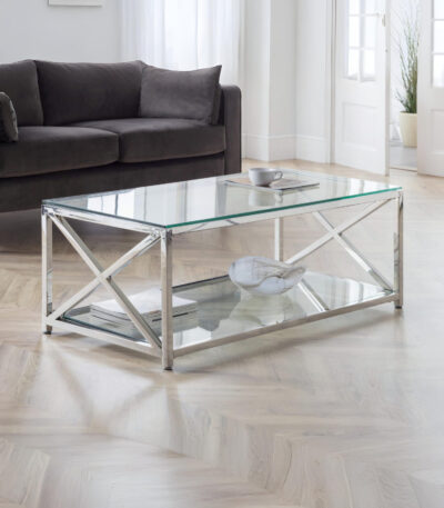 Miami Glass Top Cross Frame Coffee Table with Shelf