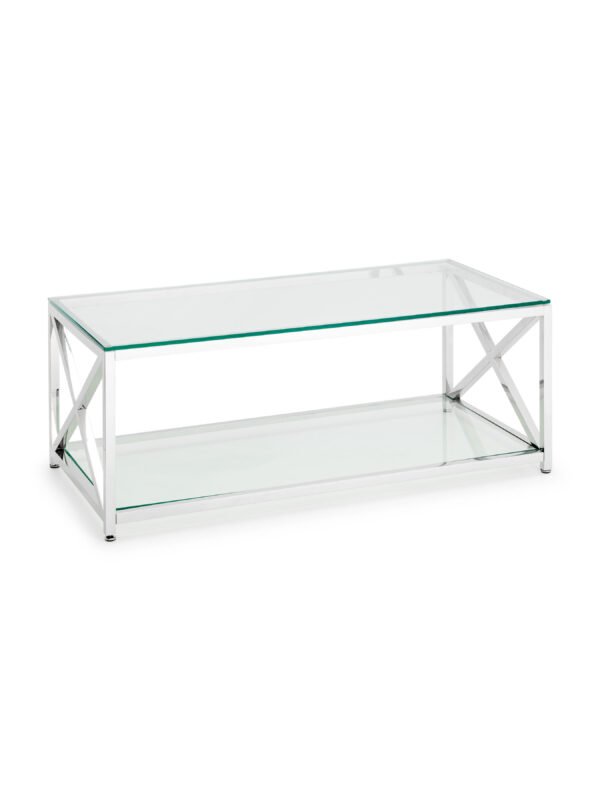Miami Glass Top Cross Frame Coffee Table with Shelf - Image 2