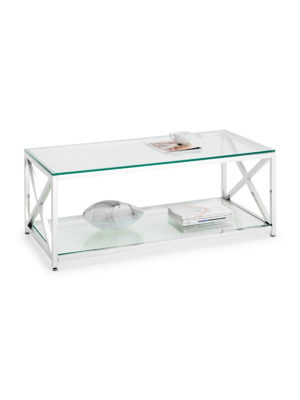 Miami Glass Top Cross Frame Coffee Table with Shelf - Image 3