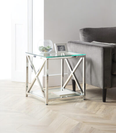 Miami Glass Top Cross Frame Side Table with Shelf